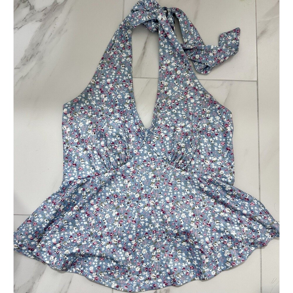 Women's Floral Print Ribbed Knit Halter Backless Crop Top Plunging Neck Y2K S